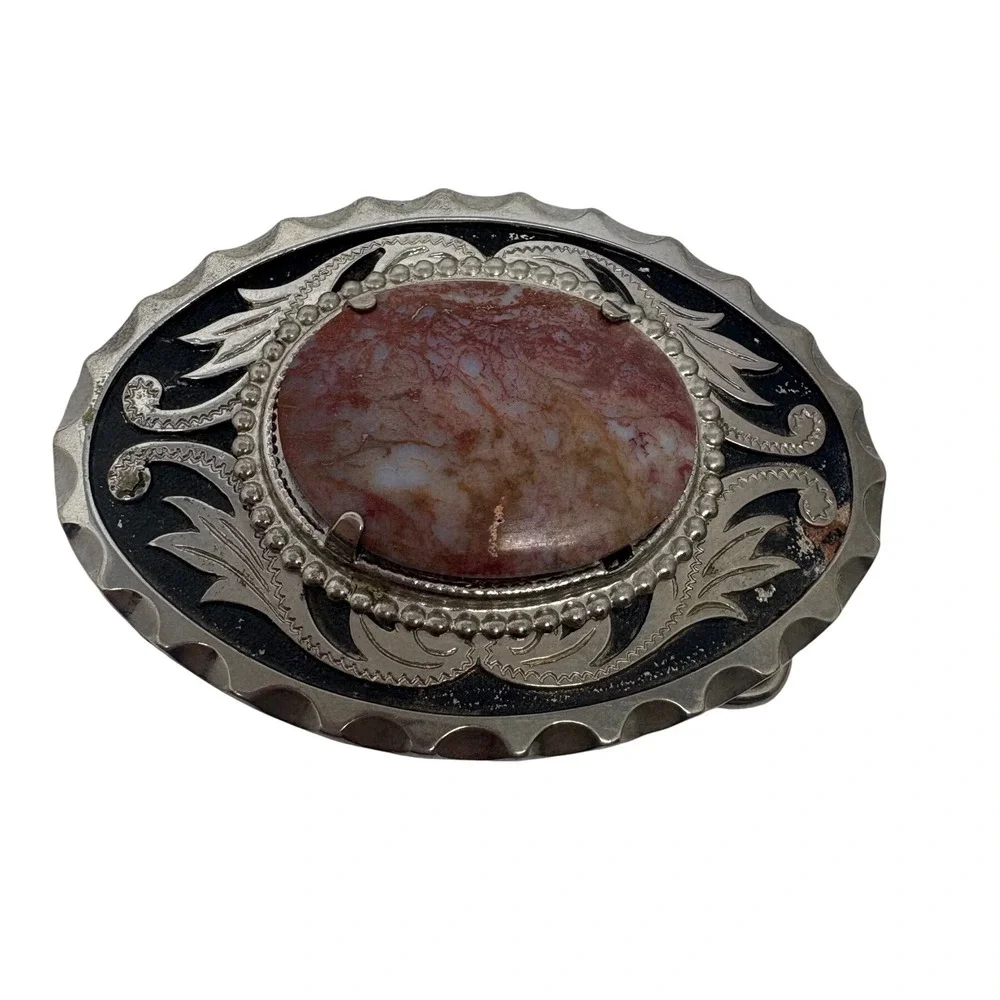 Western Interchangeable Stone Belt Buckle Silver Tone Agate‎ Jasper 3.5in